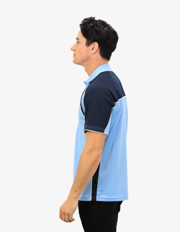 A polo shirt in light blue and navy, featuring contrasting panels and a logo.