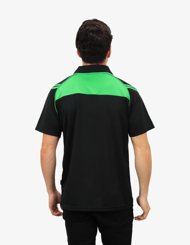 A black polo shirt featuring green accents, view from the back, with a logo on the upper part.