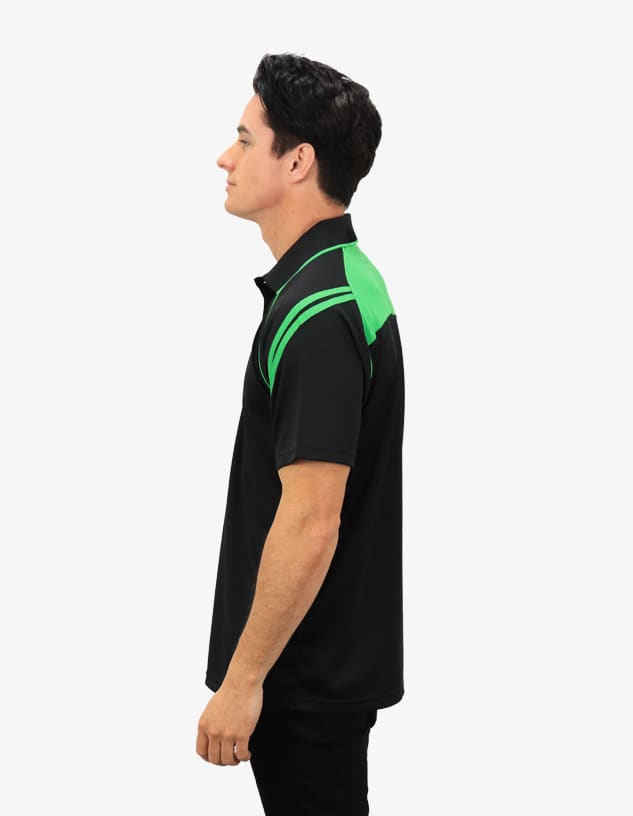 A men's polo shirt in black with green accents, featuring a logo on the front.