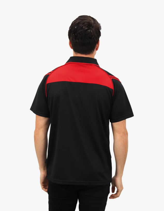 A black and red men's polo shirt featuring a plain back design and a logo at the collar.