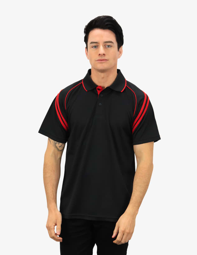 A black men's polo shirt with red accents and a logo, displayed on a model in a neutral background.
