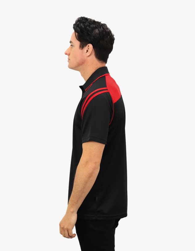 A black and red men's polo shirt with a logo displayed on a model's side profile.