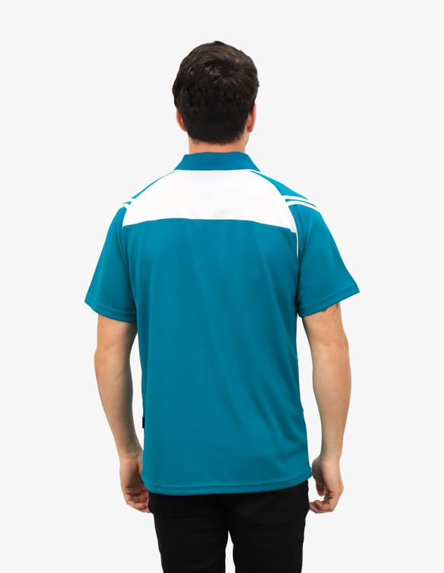 A men's polo shirt in teal with white detailing and a logo on the back.