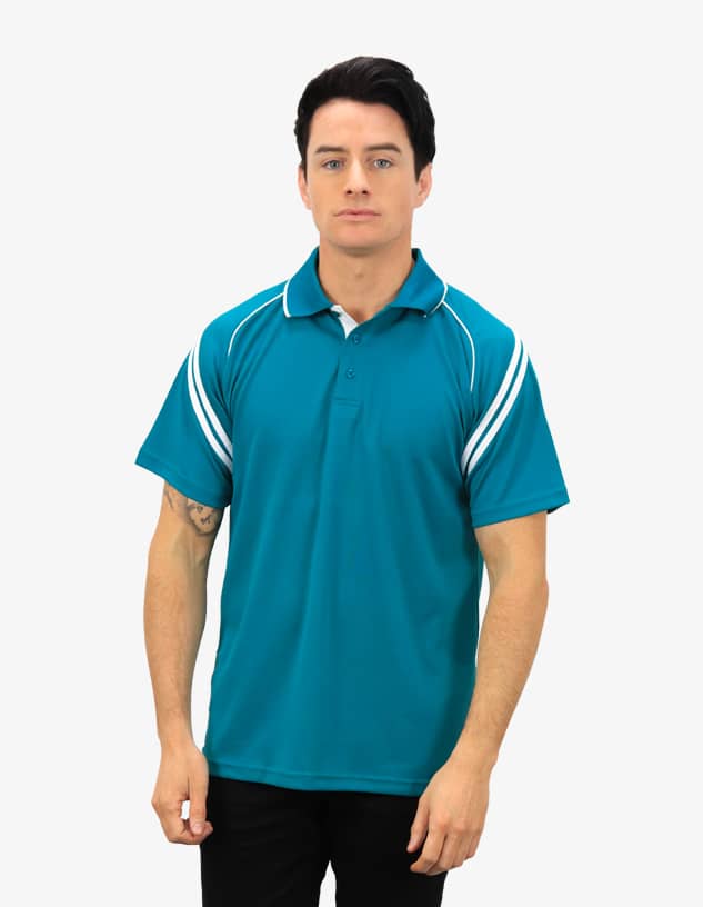 A teal men's polo shirt featuring white stripes on the shoulders and a subtle logo.