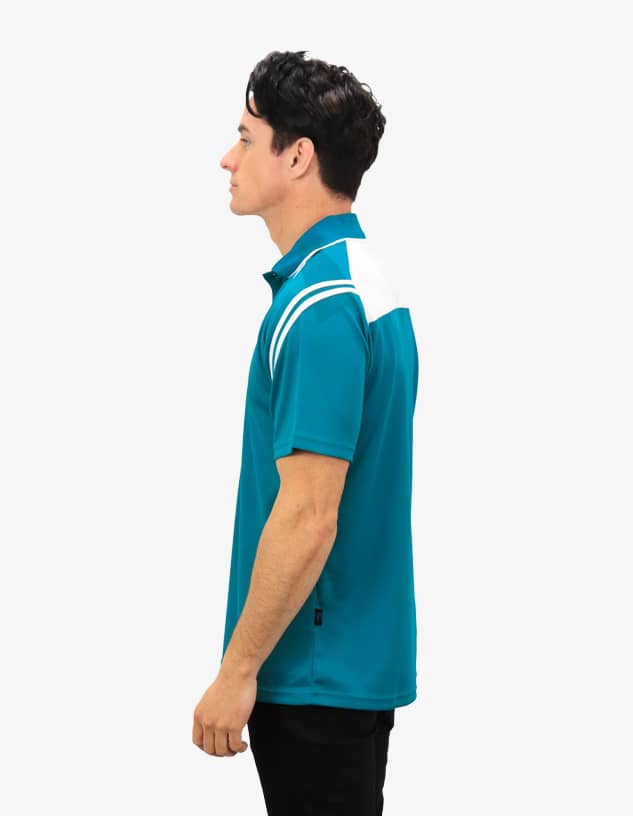 A men's polo shirt in teal with white accents, featuring a collar and a side view of the model.