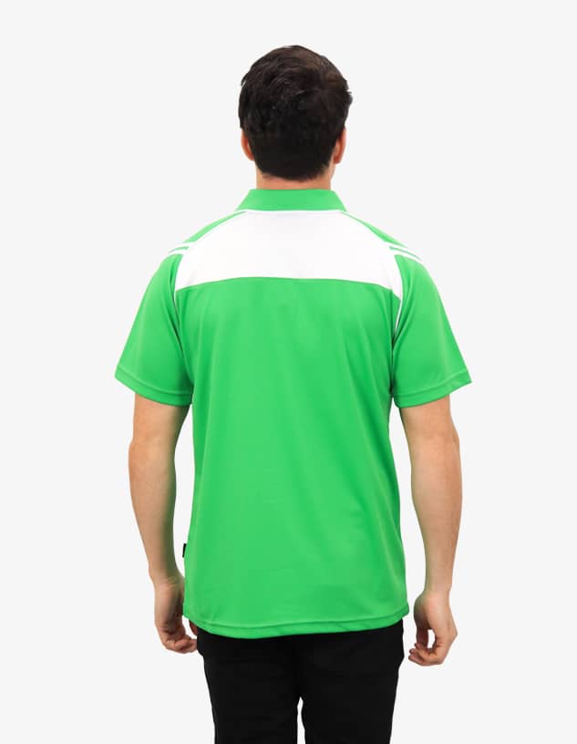 A green men's polo shirt with a white panel on the back. The shirt has a logo on it.