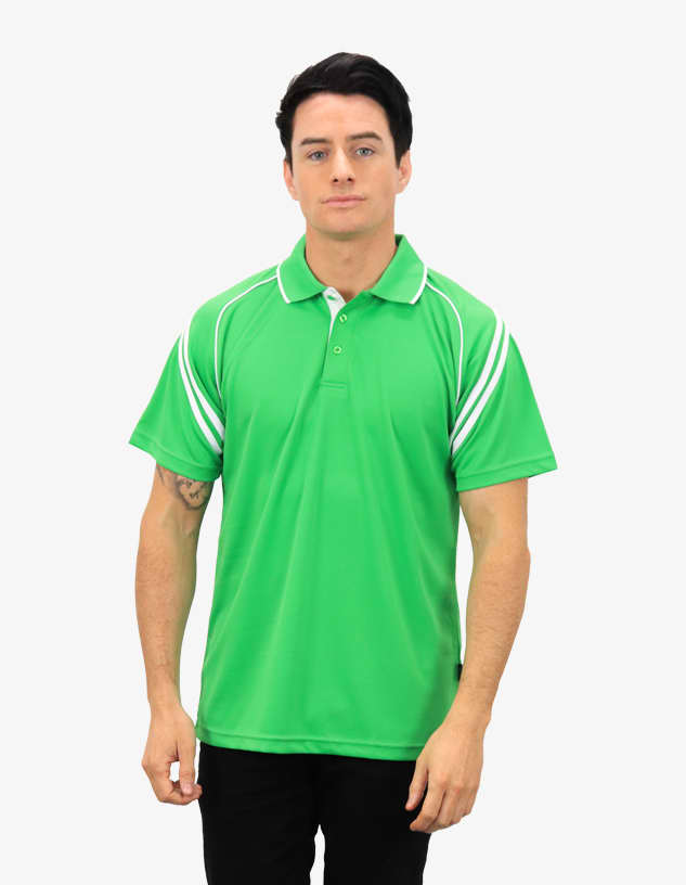A green polo shirt with white stripes and a collar, worn by a model. It features a logo on the chest area.