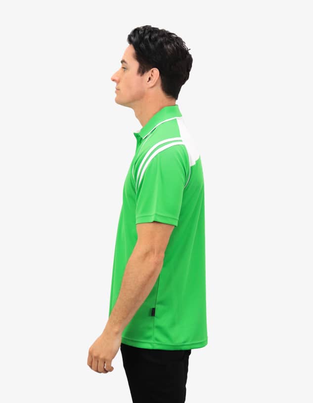 A side view of a green men's polo shirt with white detailing and a logo on the chest.