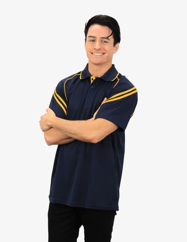 A navy polo shirt with yellow stripes and a logo, worn by a smiling model with arms crossed.
