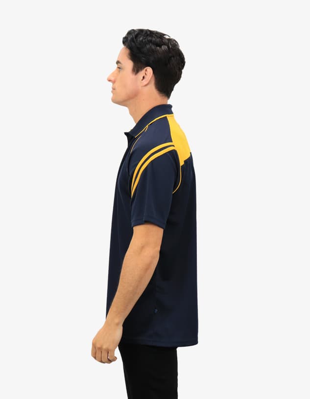 A men's polo shirt in navy blue with yellow accents, featuring a logo on the left side.