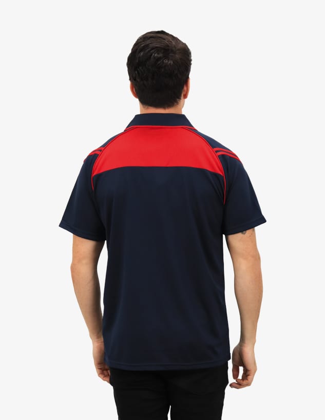 A men's polo shirt featuring a navy body with red accents and a logo on the chest.