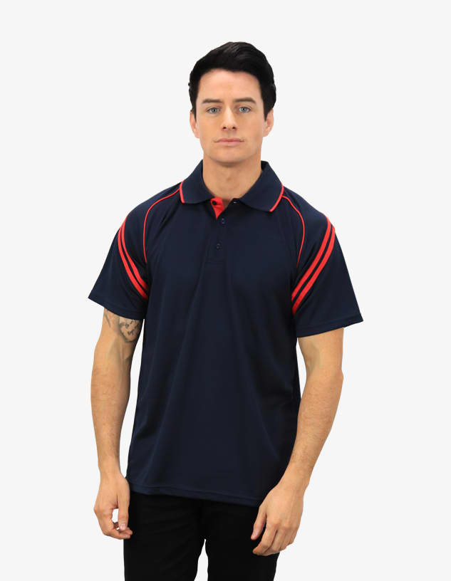 A navy blue polo shirt with red accents, featuring a collar and short sleeves. The shirt has a logo on it.