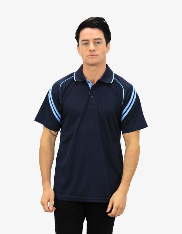 A navy men's polo shirt with light blue accents, featuring a collar and short sleeves. It has a logo.