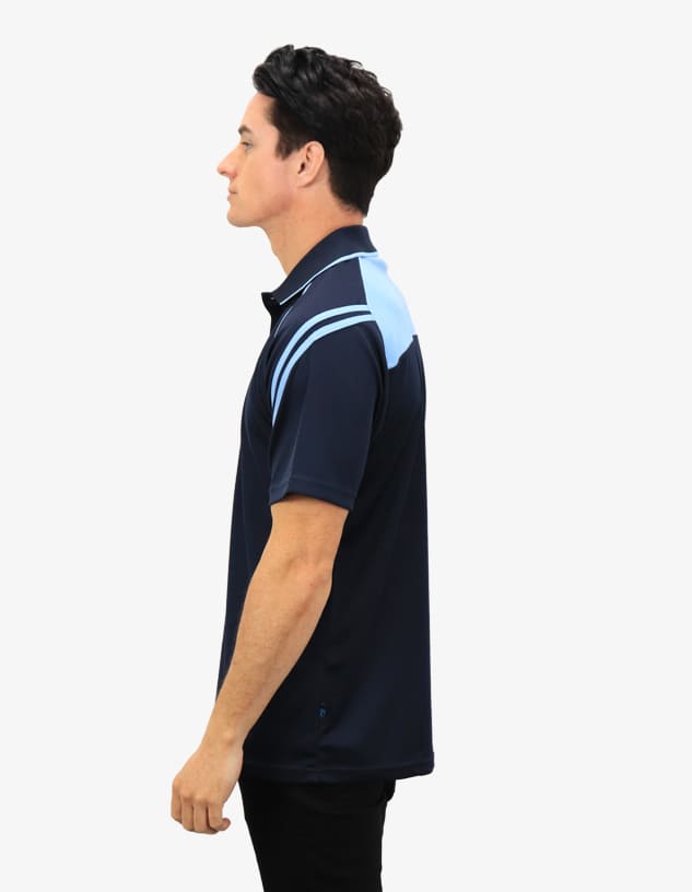 A men's polo shirt in navy blue with light blue detailing and a logo. Side view of the shirt displayed on a model.