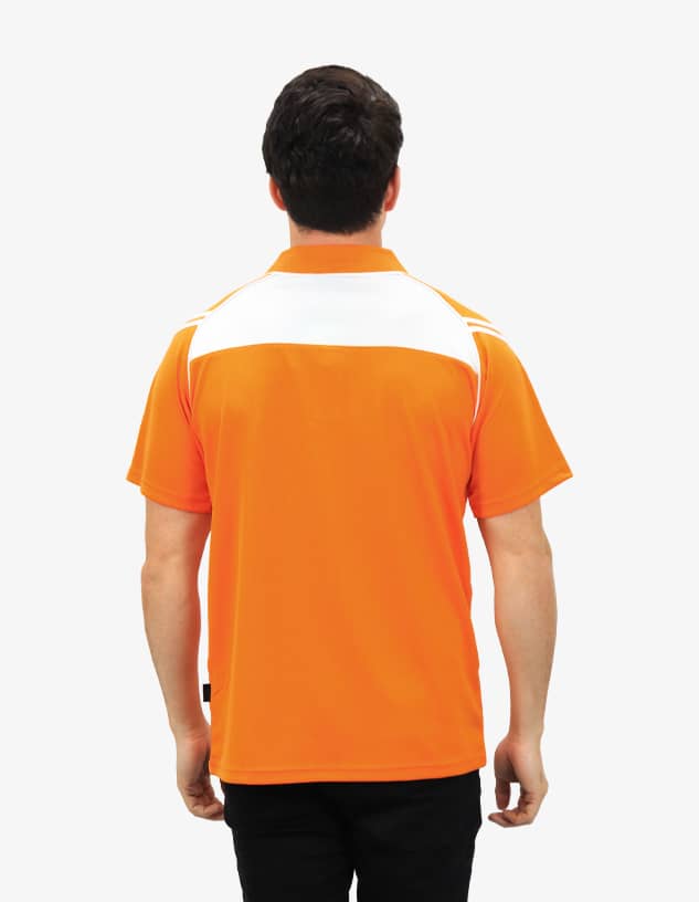 An orange and white men's polo shirt viewed from the back, featuring a logo on the upper back.