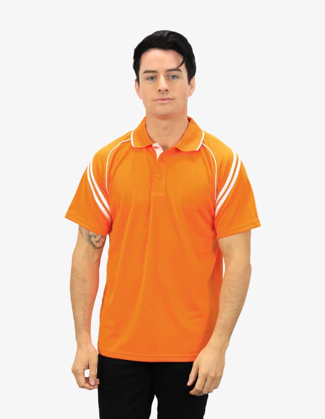 A man wears a vibrant orange polo shirt with white stripes, featuring a branding logo on the front.