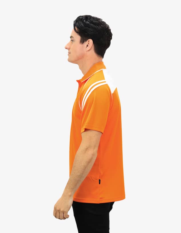 An orange men's polo shirt featuring white stripes on the shoulders, with a logo on the front.