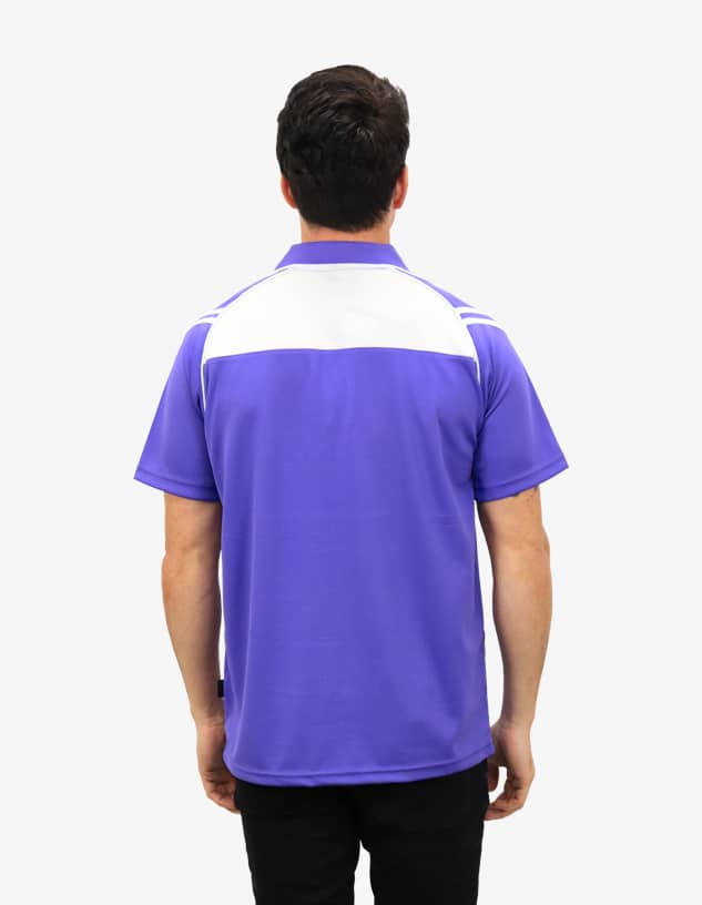 A purple and white polo shirt with a logo, featuring a solid design and short sleeves.