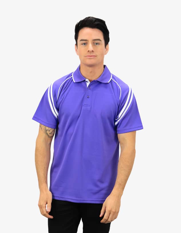 A man in a purple polo shirt with white stripes on the sleeves. The shirt features a branding logo.