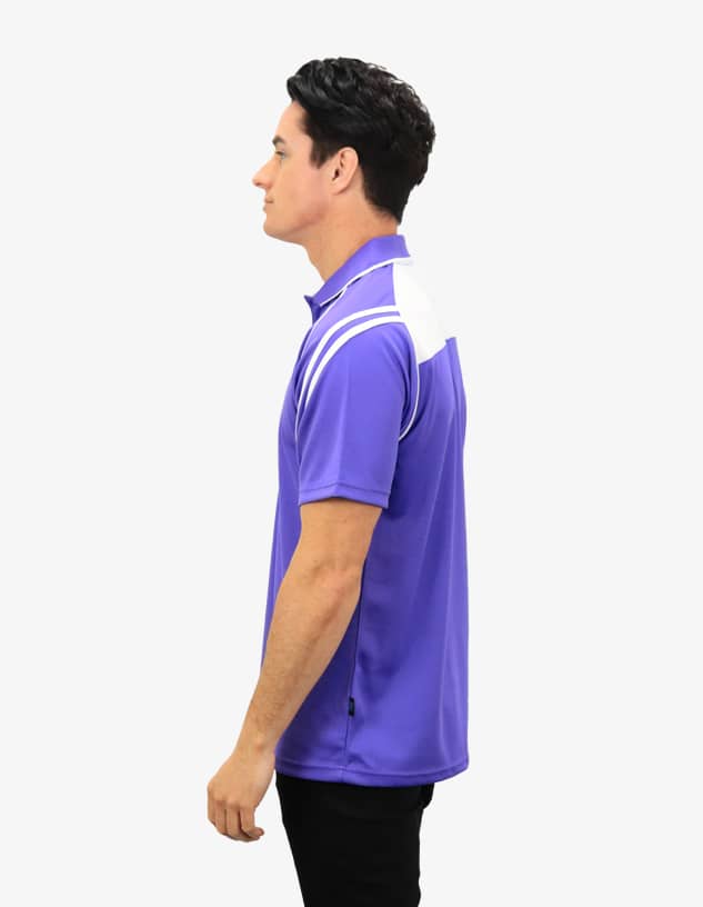 A purple men's polo shirt with white accents and a logo on the chest, displayed on a model from the side.