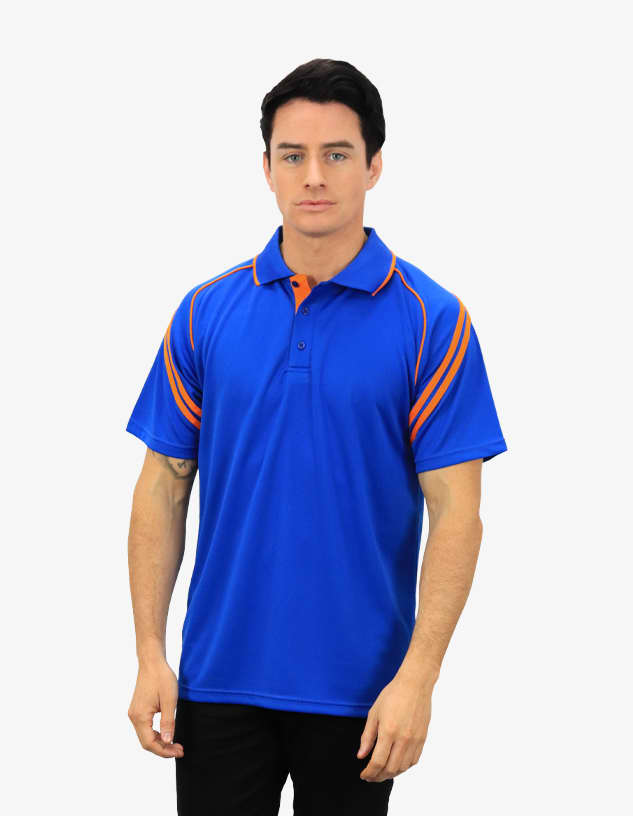 A men's polo shirt in vibrant blue with orange accents, featuring a collar and short sleeves, and a logo.