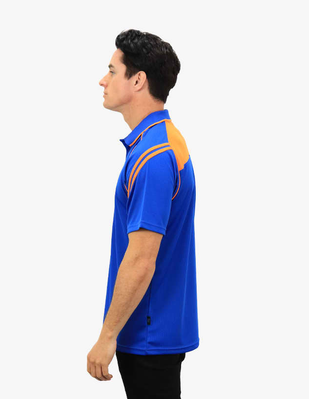A blue polo shirt with orange accents, featuring a collar and a logo. Worn by a man standing sideways.