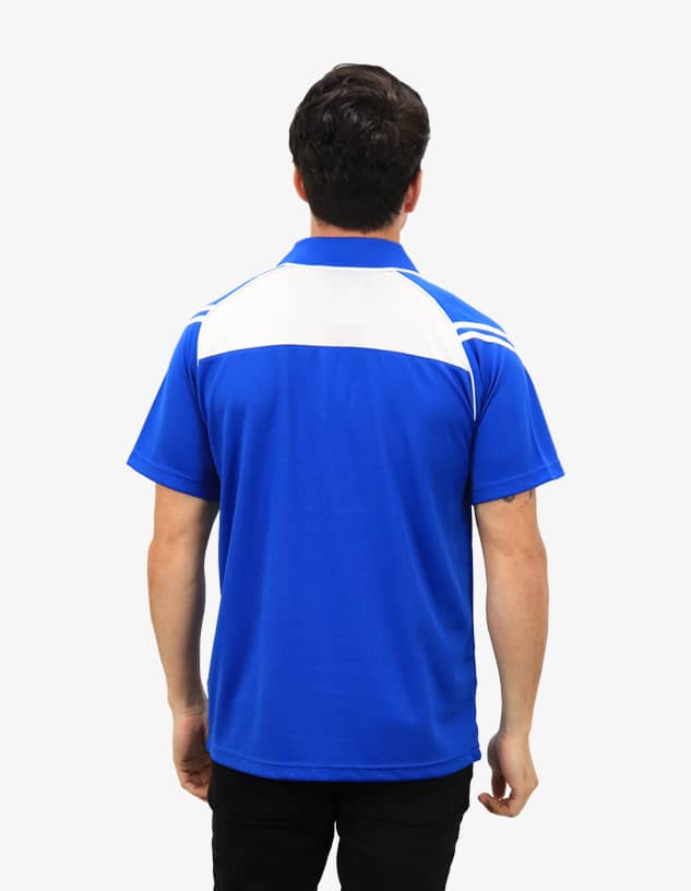 A blue and white men's polo shirt with a logo, shown from the back on a model.