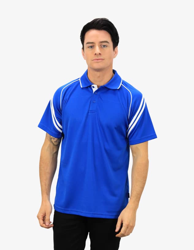 A blue men's polo shirt featuring white stripe details and a collar. The shirt has a logo on it.