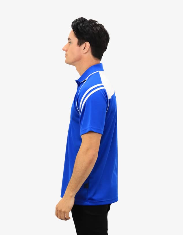 A blue men's polo shirt featuring white stripes on the shoulders and a logo on the chest.