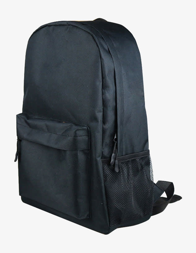 A black backpack featuring a large main compartment, front pocket, and a mesh side pocket. It has adjustable straps.
