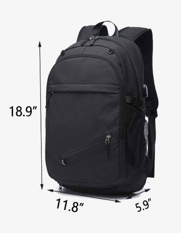 A black backpack featuring multiple compartments and mesh side pockets, with dimensions of 18.9" x 11.8" x 5.9".