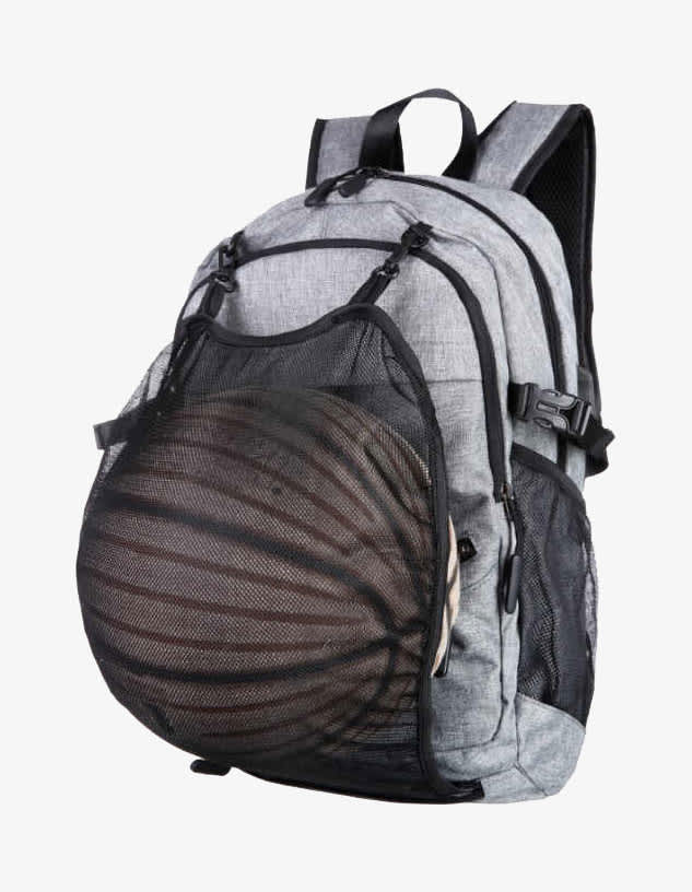 A grey and black backpack with a mesh pocket, designed to hold a round object, possibly a ball or helmet.