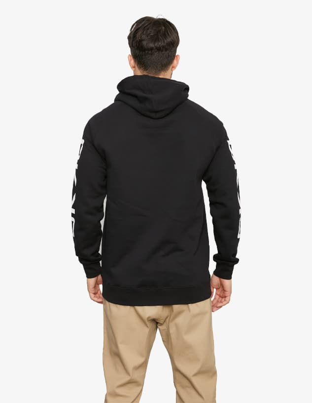 A black hoodie with a hood, featuring long sleeves and a logo on the sleeve.