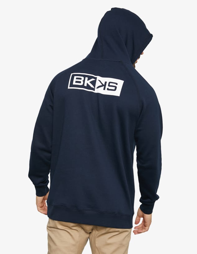 A navy hoodie featuring a logo on the back, showcasing a relaxed fit and long sleeves.