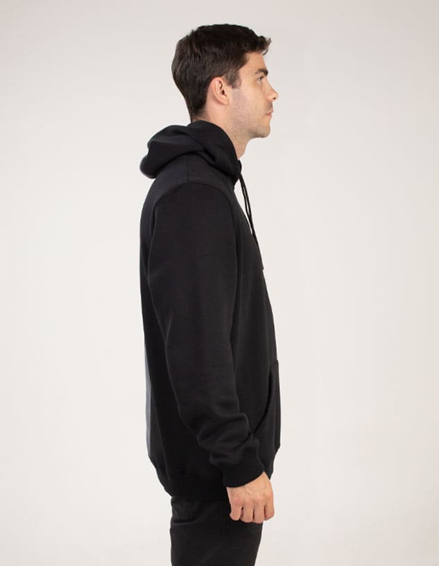 A black hoodie with a kangaroo pocket, featuring a hood and a side view of a model.