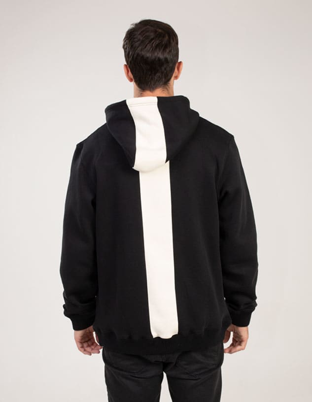 A black hoodie with a contrasting white stripe running vertically down the back, featuring a hood.