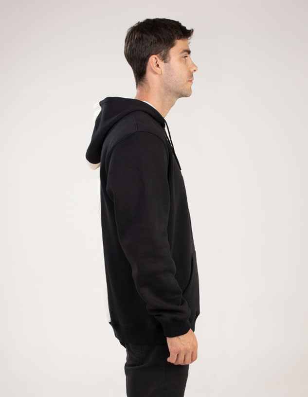 A black hoodie with a kangaroo pocket and a logo, displayed on a model from the side.