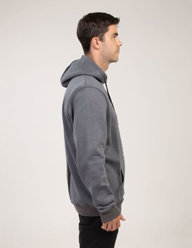 A grey hoodie with a kangaroo pocket and a drawstring hood, featuring a branding logo.
