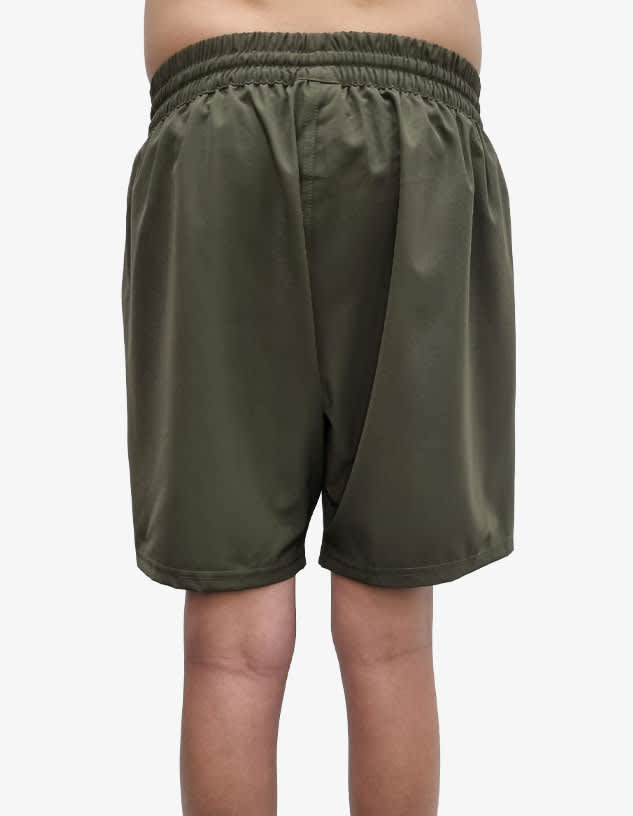 Sports shorts in dark green, featuring an elastic waistband and a casual fit, viewed from the back.