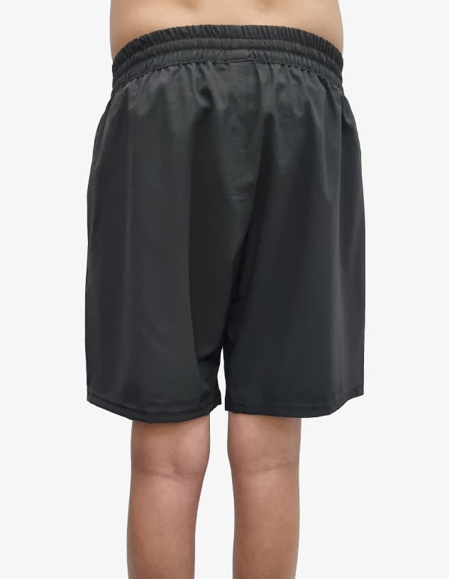 Black sports shorts with an elastic waistband, featuring a logo on the back.