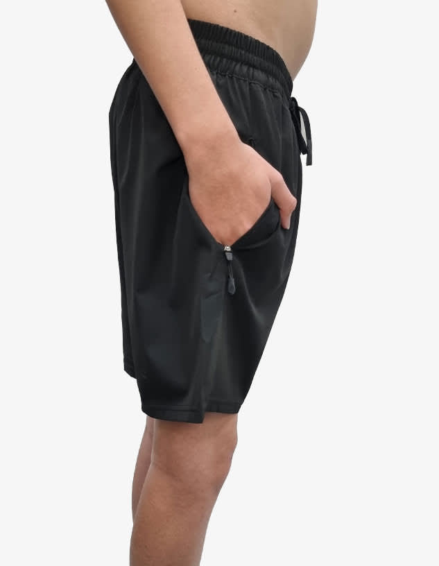 Sports shorts in black, featuring a side pocket and an elastic waistband with a drawstring. The shorts have a sleek design.