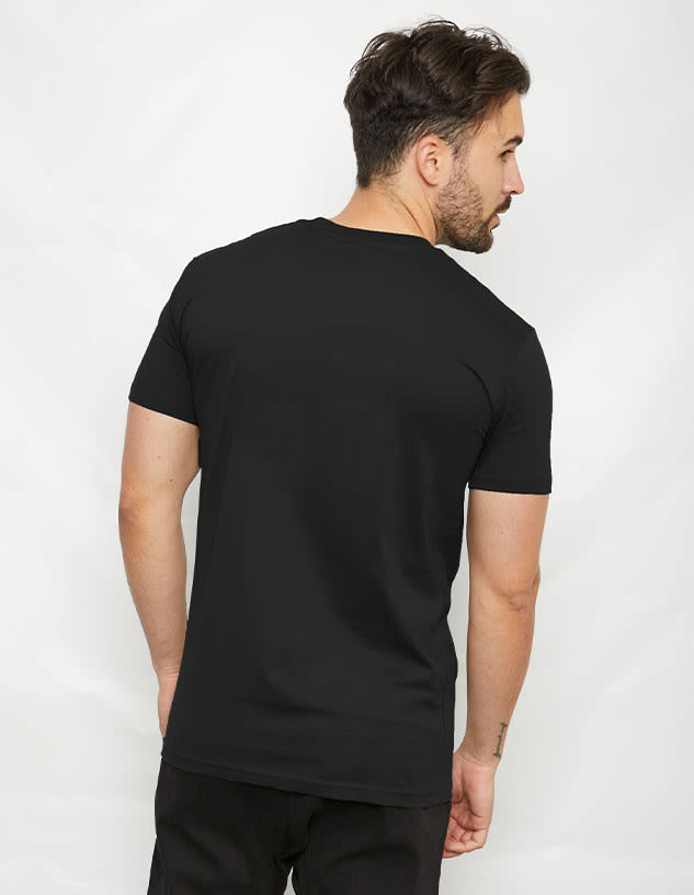 A two-toned black T-shirt with a short sleeve design, featuring a logo on the back.