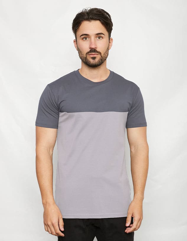 A two-toned T-shirt featuring grey and light grey panels, with a crew neckline and fitted sleeves.