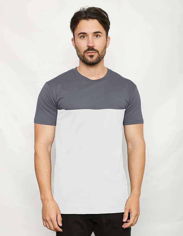 A two-toned t-shirt featuring a grey upper section and a white lower section. It has a crew neck and short sleeves.
