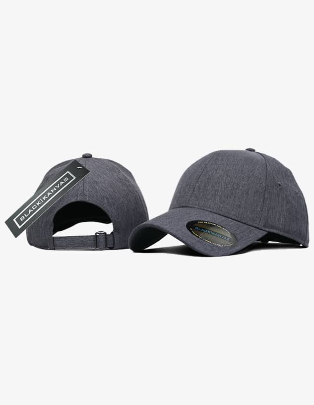 A grey cap featuring a structured design with a logo and an adjustable strap at the back.