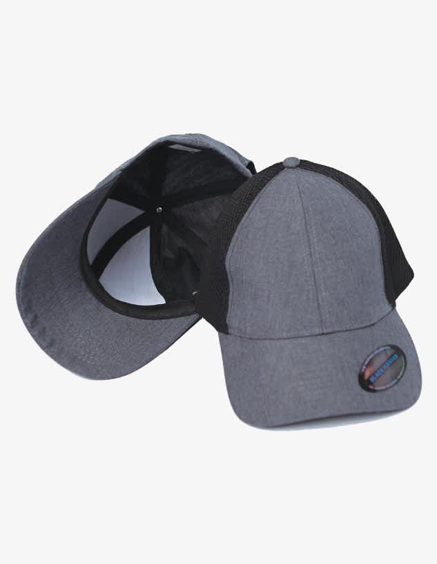A grey cap with a black mesh back and a logo on the side. It features a curved peak and adjustable back.