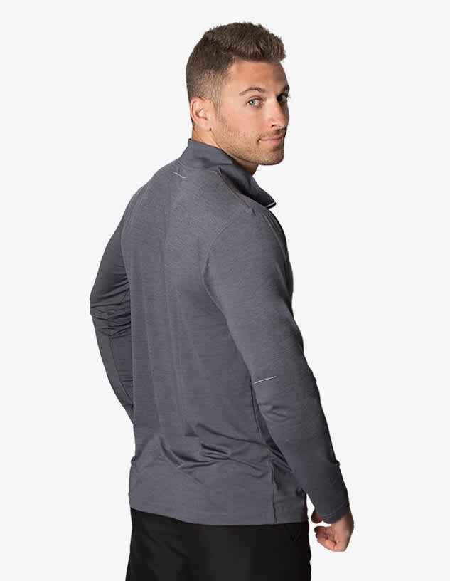 A grey long-sleeve T-shirt with a fitted design, featuring a logo on the back.