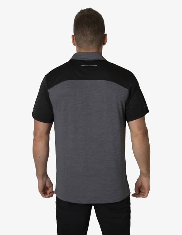 A polo shirt in grey with black detailing, featuring a logo on the back.