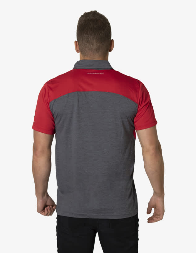 A polo shirt featuring a grey body with red accents on the shoulders and collar, showcasing a logo on the back.