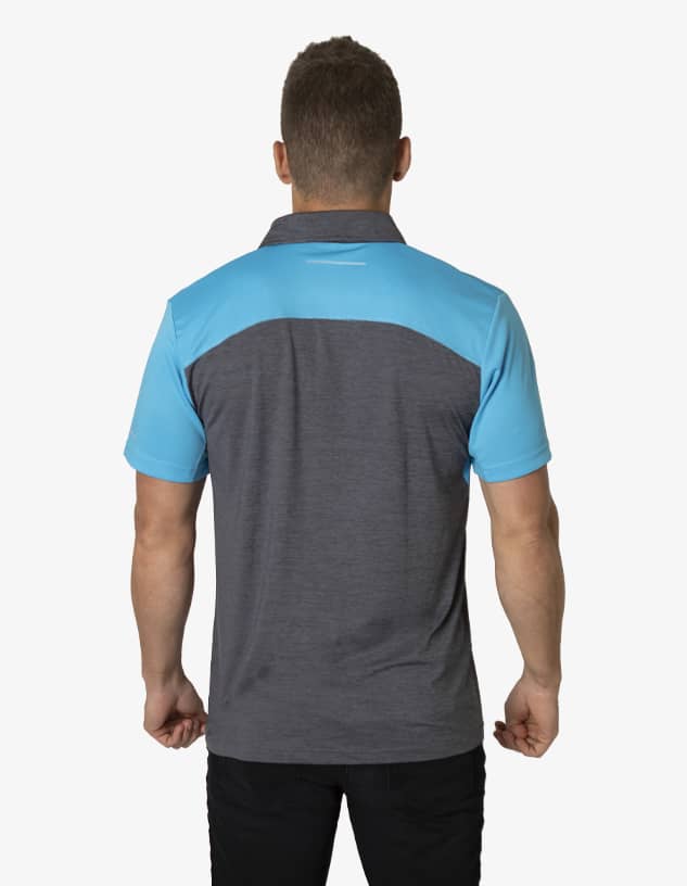 A polo shirt in grey with a light blue upper section and a logo on the collar.